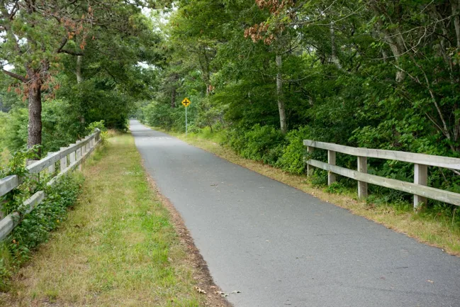 The Cape Cod Rail Trail runs between wooden rails and leafy trees in Harwich