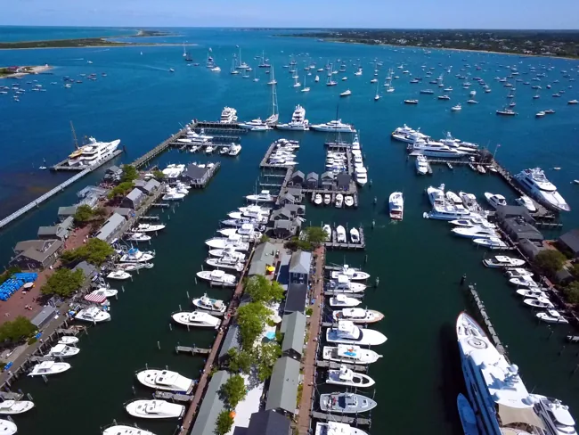An aerial view of Nantucket’s wharves, boats and harbor.